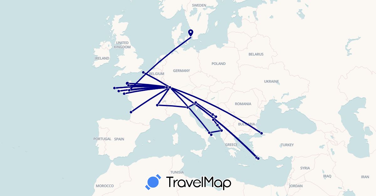 TravelMap itinerary: driving in Albania, Bosnia and Herzegovina, Denmark, France, Greece, Italy, Jersey, Montenegro, Slovenia, Turkey (Asia, Europe)